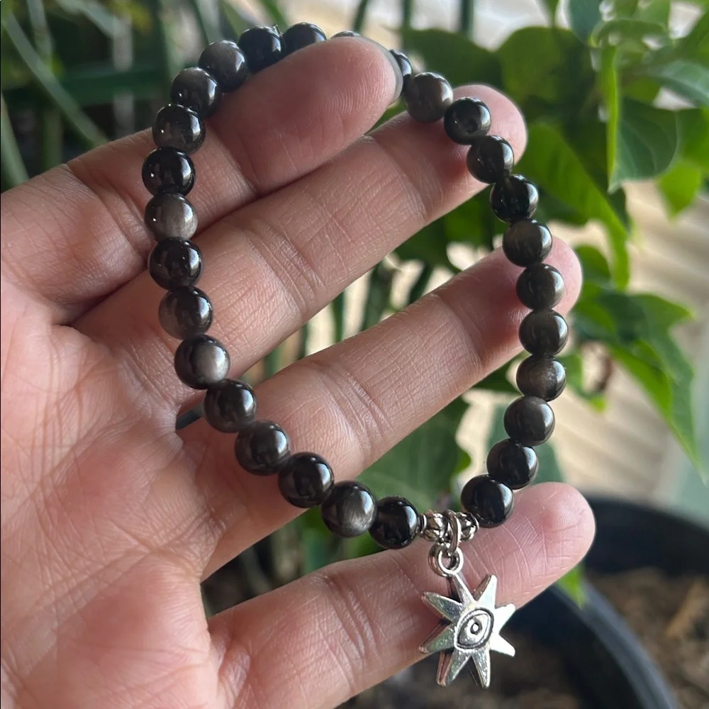 Handmade Silver Sheen Obsidian Beaded Bracelet with Silver Evil Eye Charm